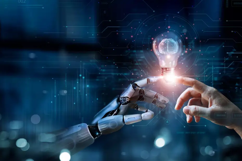 Artificial intelligence concept showing machines processing data and learning